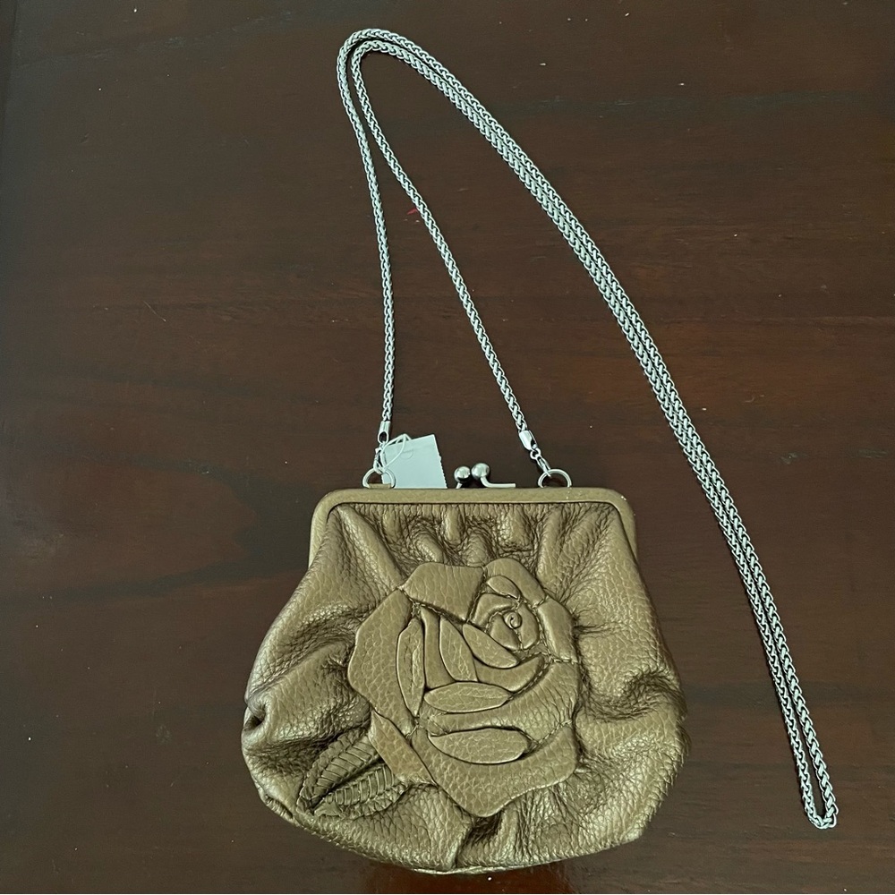 VINTAGE BRIGHTON SMALL CROSS BODY OR CLUTCH GOLD LEATHER ROSE HINGE & SNAP PURSE